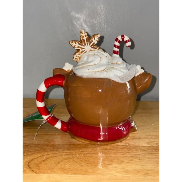 Reindeer Christmas Ceramic Lid Mug With Whipped Cream & Candy Cane15 Oz Topper - Picture 3 of 8